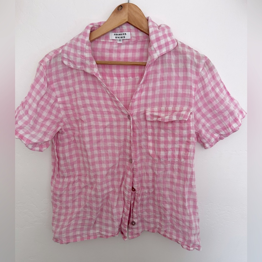 Frankie’s Bikinis Lou Button Up Top in Pink Gingham
